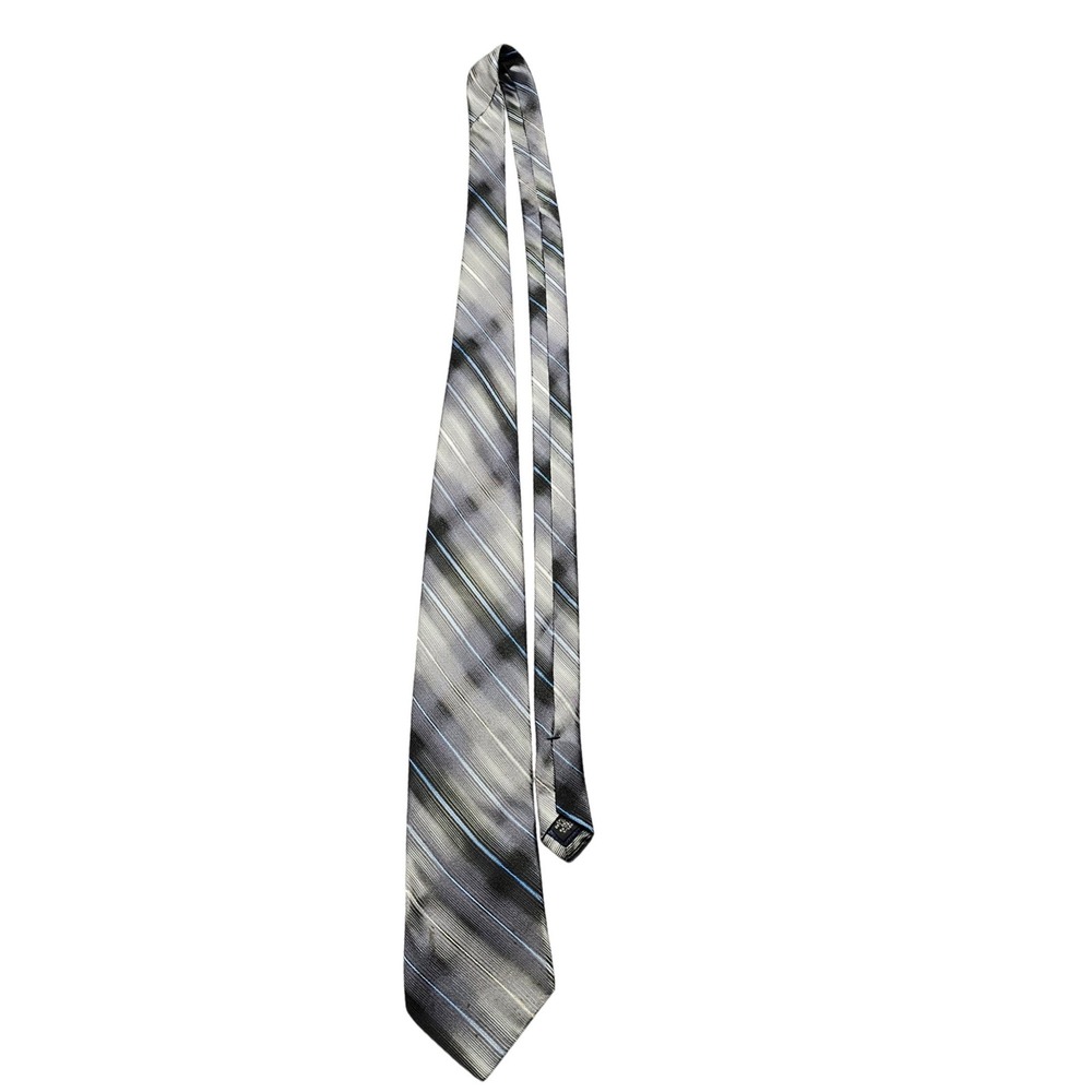 Paul Dione Mens Silk Necktie Grey Black Blue Diagonal Striped Classic Tie
